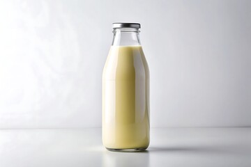 Glass bottle of yellow milk isolated on white background, a nutritious and healthy beverage option