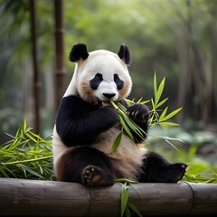 Fototapeta premium Realistic texture stock photo of a giant panda sitting and eating bamboo, full body view, isolated on a clean white background. Perfect for commercial use, advertising, wildlife, and educational 