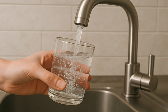 Hand holding transparent glass filled with fresh drinking water from kitchen faucet, clean liquid pouring into cup close up, hydration health concept with clear tap water supply at modern stainless st