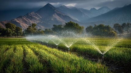 Automated irrigation system watering a green field of crops with a mountain range in the background, demonstrating efficient agricultural practices