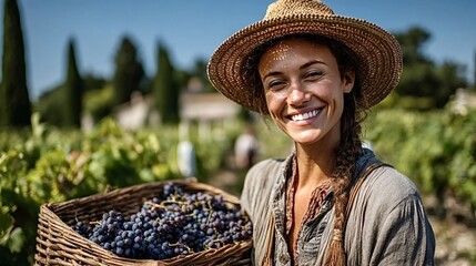 Happy young woman farmer is harvesting ripe red grapes in vineyard on sunny autumn day, she's carrying wicker basket full of freshly picked grapes