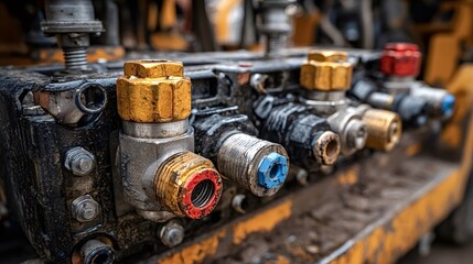 Colorful hydraulic valve connectors and fittings are attached to a piece of heavy machinery, highlighting the complexity and power of industrial equipment