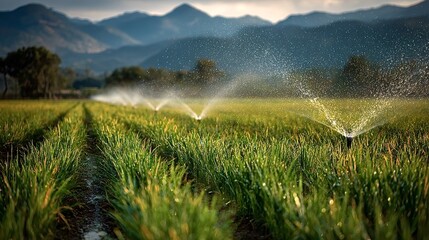 Obraz premium Automated irrigation system watering a field of crops at sunset, creating a picturesque scene of agricultural efficiency and natural beauty with mountains in the distance