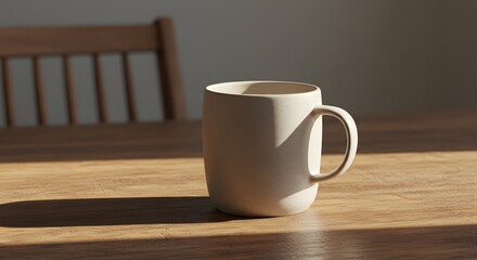 Close-up of a warm ceramic mug with a handle, casting a long shadow on a wooden table bathed in golden sunlight