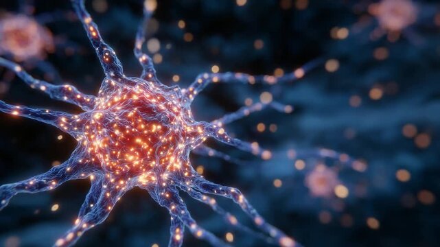 Vivid scientific illustration of a mutated cancer cell membrane with glowing surface proteins against a deep blue backdrop.