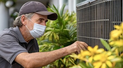 Senior hvac technician wearing a protective face mask is inspecting an outdoor air conditioning unit during the pandemic, ensuring proper maintenance and safety while managing summer heat