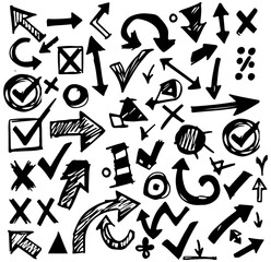Collection of hand made drawn sketch arrows and check marks isolated on white background