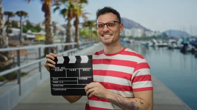 Young man smiling confidently holding clapperboard at vibrant seaside port with boats and palm trees in background under sunny sky.