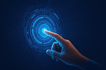 Digital fingerprint scanner technology human hand touching blue futuristic interface security concept
