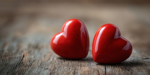 Fototapeta premium The red hearts on rustic wooden table conveying romantic love and warm intimate mood