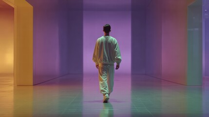 Fototapeta premium Figure in white walking down gradient-lit corridor for futuristic New Year digital art concept.