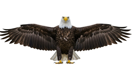 Fototapeta premium Bald eagle wings spread bird of prey majestic animal wildlife nature flying predator freedom usa symbol isolated on transparent white background