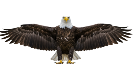 Bald eagle wings spread bird of prey majestic animal wildlife nature flying predator freedom usa symbol isolated on transparent white background