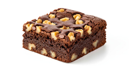 A rich, dark chocolate brownie topped with walnuts and chocolate chips, presented on a white background.