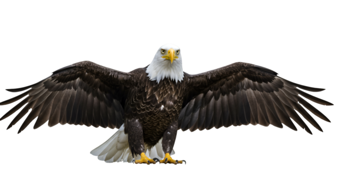Bald eagle flying wings spread wildlife bird of prey nature animal freedom majestic symbol american eagle usa 100 isolated on transparent white background