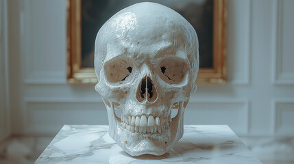 A stark white human skull, a symbol of mortality and the human form, stands out against the pristine white canvas of transparency, ready for the transformative power of generative AI to breathe 
