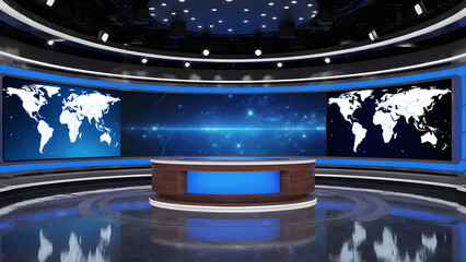 A modern, empty television news broadcast studio
