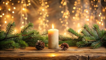 Warm Christmas Candlelight with Pine Branches and Bokeh Lights on Wood