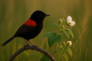 Fototapeta premium Red backed Fairywren bird perched during golden hour morning drizzle