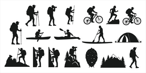 Collection of outdoor adventure and activity silhouettes on white background sport