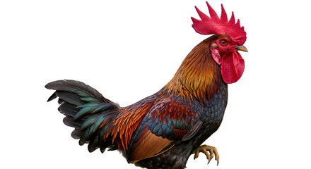 Fototapeta premium Beautiful rooster with vibrant feathers standing proud on a black background portrait farm animal 100 isolated on transparent white background