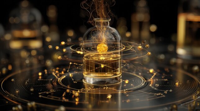 Alchemical still life featuring golden atoms extracted by luminous geometric energy fields, symbolizing transformation.