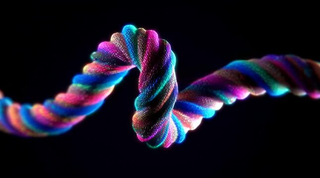 A colorful, intertwined rope showcasing intricate patterns against a dark background.