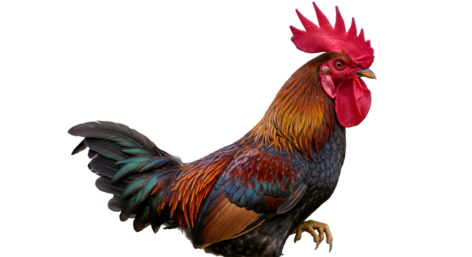 Beautiful rooster with vibrant feathers standing proud on a black background portrait farm animal 100 isolated on transparent white background