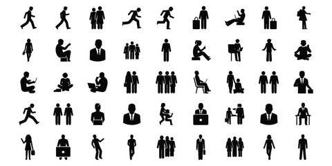 Diverse collection of black and white human pictogram icons in motion and static silhouette people