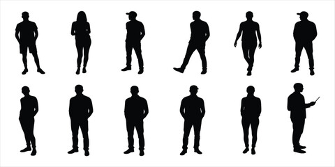 Diverse group of male and female silhouettes in various poses on white people collection