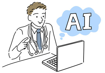 AIを活用する男性医師シンプル線画
