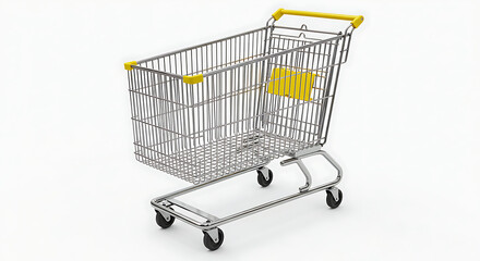 A detailed view of a shiny metal supermarket shopping cart with a yellow handle isolated on white background