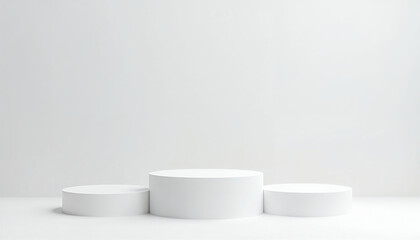 Minimalist podium scene featuring three white empty platforms or stages arranged in a row for product advertising or presentation