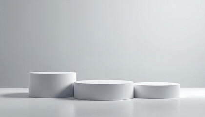 Minimalist podium scene featuring three white empty platforms or stages arranged in a row for product advertising or presentation