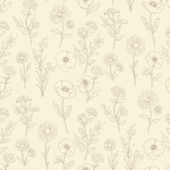 Seamless Pattern, Floral Pattern Featuring Delicate Daisy, Poppy, and Herb Outlines in Soft Beige Stock royalty free image.