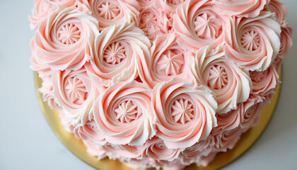 Fototapeta premium Decorated pink buttercream cake with floral design on golden stand 
