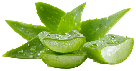 Fresh aloe vera leaves with droplets, showcasing their vibrant green color and texture, ideal for wellness