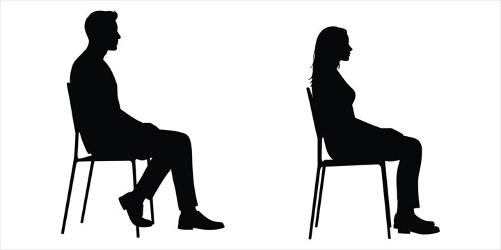 Silhouettes of a man and woman sitting on chairs in profile on white vector illustration
