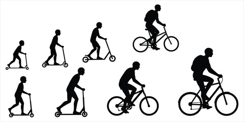 Silhouettes of people riding scooters and bicycles on white background Keywords: silhouette, people
