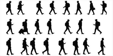 Silhouettes of people walking with backpacks and phones on white background Keywords: walking, people