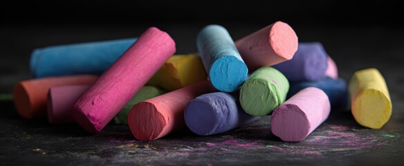The Chalk Sticks Piled in Color on a Dark Textured Surface for Art