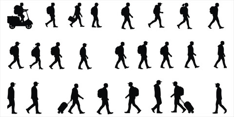 Silhouettes of people walking with scooters, backpacks, and luggage on white background Keywords