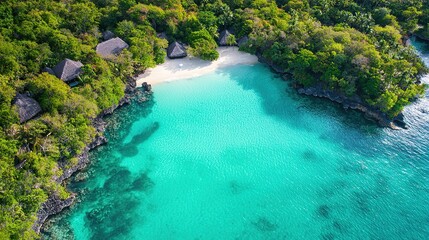 A stunning aerial view of a secluded beach with crystal-clear turquoise waters, surrounded by lush greenery and tropical huts.