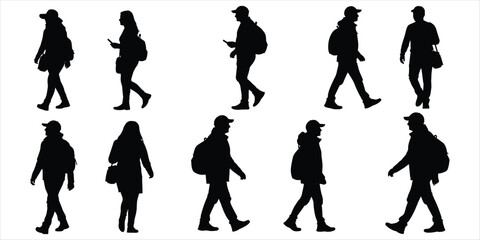 Ten silhouettes of people walking with backpacks and phones on white background person human
