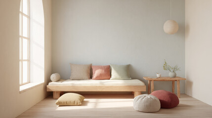 Serene minimalist living room featuring light wooden furniture, pastel accents, and soft natural lighting. A tranquil space that embodies simplicity and comfort.
