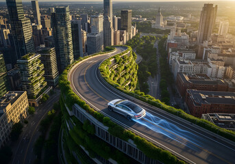 Modern Electric Car Driving on Curved Urban Road