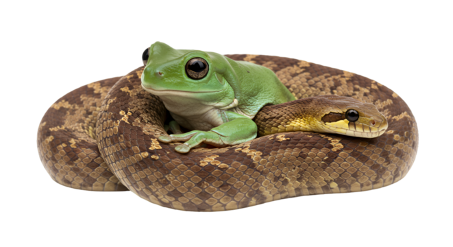 Green tree frog perched atop a coiled snake reptile amphibian wildlife animal nature photography image isolated on transparent white background