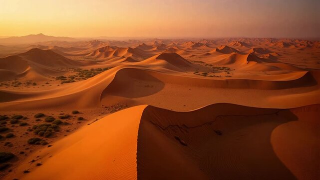 Stunning aerial drone footage captures vast golden desert dunes with dramatic long evening shadows, evoking adventure and exploration in UAE.