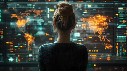 Futuristic technology analyzing global business logistics and supply chain data