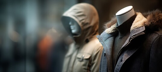Stylish winter coats on mannequins in a shop window display for fashion and retail shopping sale
